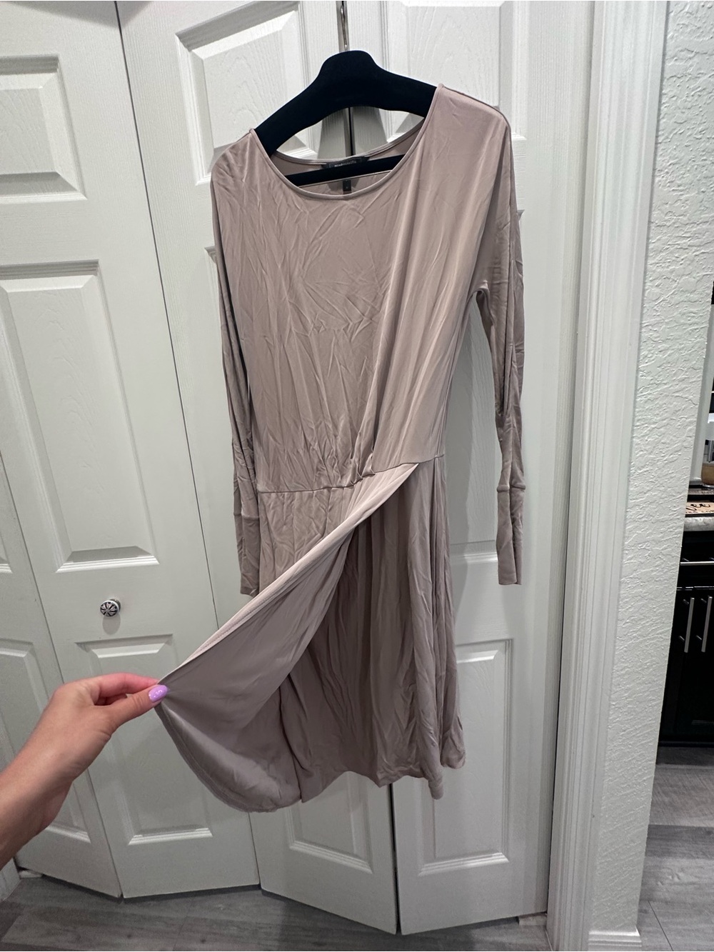 BCBGMaxAzria Long-Sleeve Twist-Slit Dress in Taupe